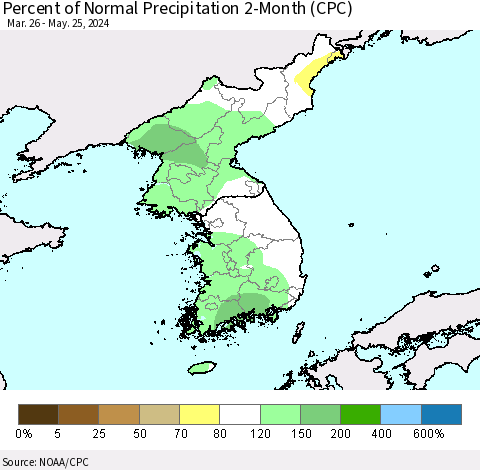 Korea Percent of Normal Precipitation 2-Month (CPC) Thematic Map For 3/26/2024 - 5/25/2024