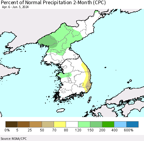 Korea Percent of Normal Precipitation 2-Month (CPC) Thematic Map For 4/6/2024 - 6/5/2024