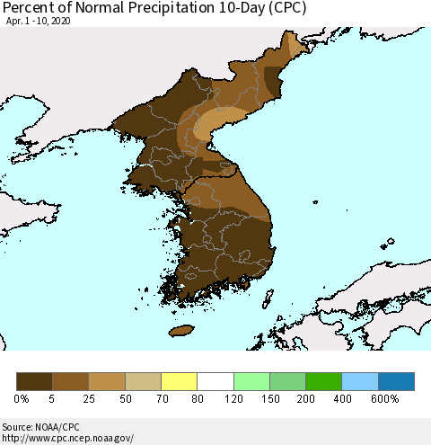 Korea Percent of Normal Precipitation 10-Day (CPC) Thematic Map For 4/1/2020 - 4/10/2020