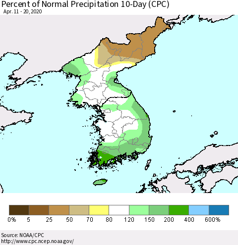 Korea Percent of Normal Precipitation 10-Day (CPC) Thematic Map For 4/11/2020 - 4/20/2020