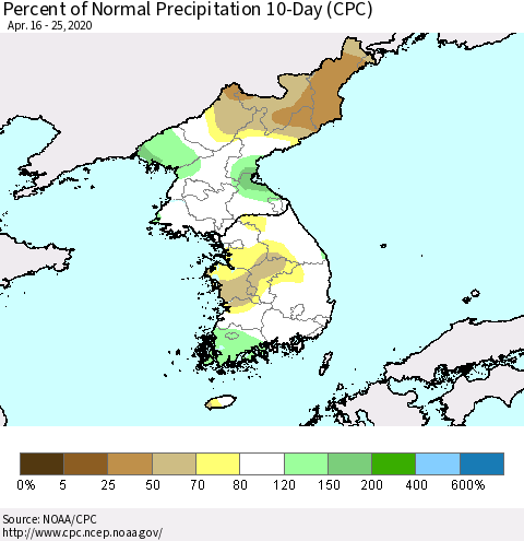 Korea Percent of Normal Precipitation 10-Day (CPC) Thematic Map For 4/16/2020 - 4/25/2020