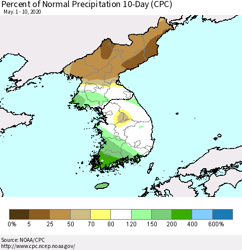 Korea Percent of Normal Precipitation 10-Day (CPC) Thematic Map For 5/1/2020 - 5/10/2020