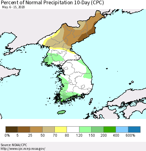 Korea Percent of Normal Precipitation 10-Day (CPC) Thematic Map For 5/6/2020 - 5/15/2020