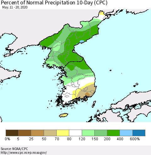 Korea Percent of Normal Precipitation 10-Day (CPC) Thematic Map For 5/11/2020 - 5/20/2020