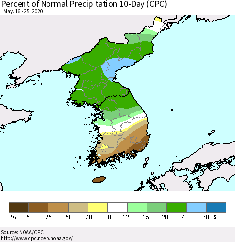 Korea Percent of Normal Precipitation 10-Day (CPC) Thematic Map For 5/16/2020 - 5/25/2020