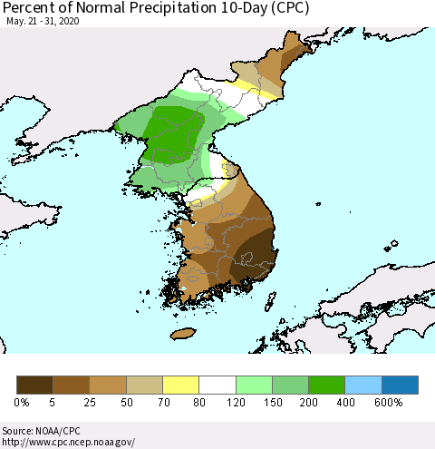 Korea Percent of Normal Precipitation 10-Day (CPC) Thematic Map For 5/21/2020 - 5/31/2020