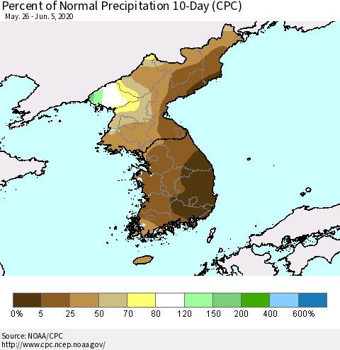 Korea Percent of Normal Precipitation 10-Day (CPC) Thematic Map For 5/26/2020 - 6/5/2020