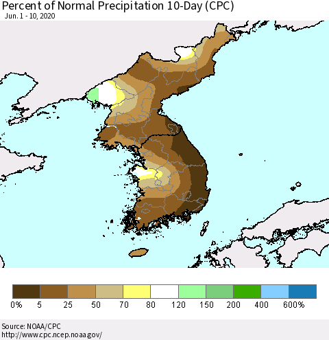 Korea Percent of Normal Precipitation 10-Day (CPC) Thematic Map For 6/1/2020 - 6/10/2020