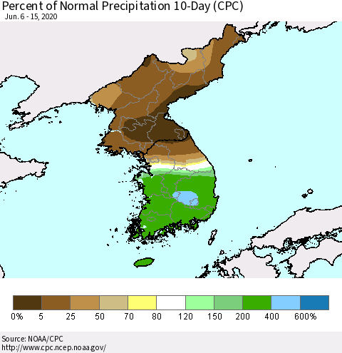 Korea Percent of Normal Precipitation 10-Day (CPC) Thematic Map For 6/6/2020 - 6/15/2020