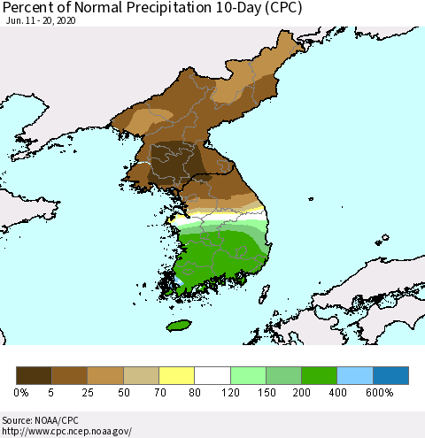 Korea Percent of Normal Precipitation 10-Day (CPC) Thematic Map For 6/11/2020 - 6/20/2020