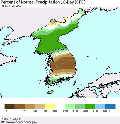 Korea Percent of Normal Precipitation 10-Day (CPC) Thematic Map For 6/16/2020 - 6/25/2020