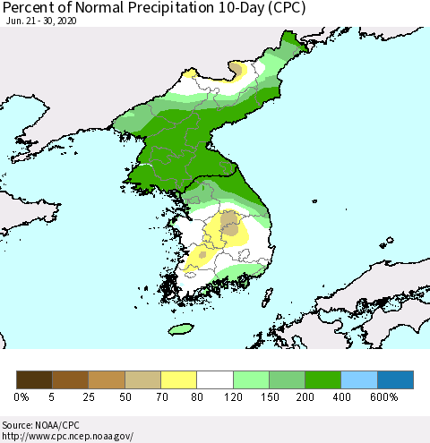 Korea Percent of Normal Precipitation 10-Day (CPC) Thematic Map For 6/21/2020 - 6/30/2020