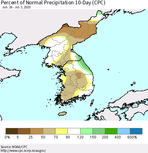 Korea Percent of Normal Precipitation 10-Day (CPC) Thematic Map For 6/26/2020 - 7/5/2020