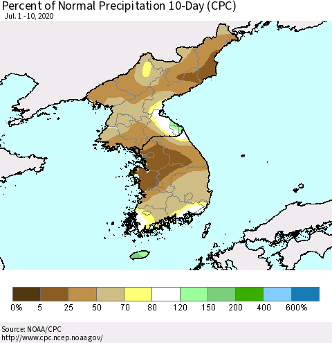 Korea Percent of Normal Precipitation 10-Day (CPC) Thematic Map For 7/1/2020 - 7/10/2020