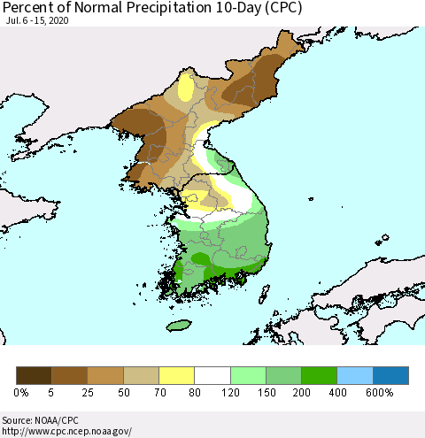 Korea Percent of Normal Precipitation 10-Day (CPC) Thematic Map For 7/6/2020 - 7/15/2020