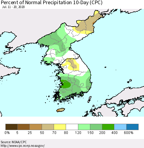 Korea Percent of Normal Precipitation 10-Day (CPC) Thematic Map For 7/11/2020 - 7/20/2020