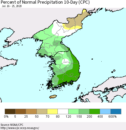 Korea Percent of Normal Precipitation 10-Day (CPC) Thematic Map For 7/16/2020 - 7/25/2020