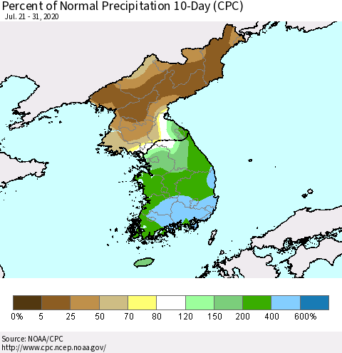 Korea Percent of Normal Precipitation 10-Day (CPC) Thematic Map For 7/21/2020 - 7/31/2020
