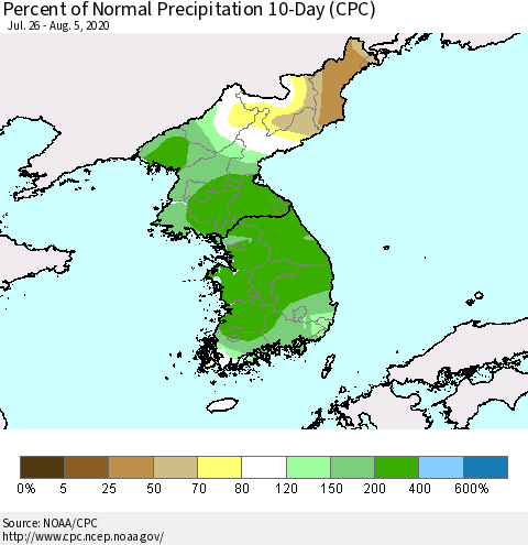 Korea Percent of Normal Precipitation 10-Day (CPC) Thematic Map For 7/26/2020 - 8/5/2020