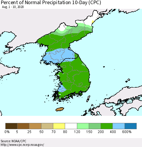 Korea Percent of Normal Precipitation 10-Day (CPC) Thematic Map For 8/1/2020 - 8/10/2020