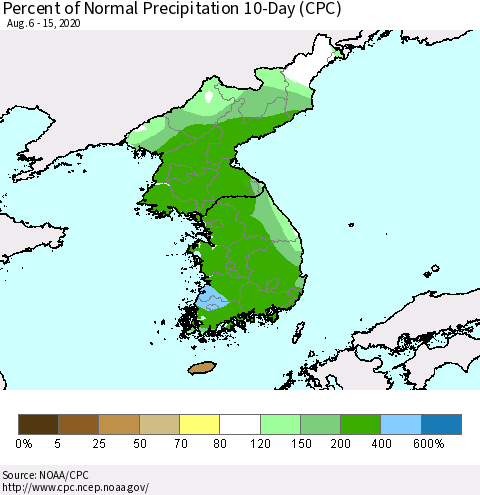 Korea Percent of Normal Precipitation 10-Day (CPC) Thematic Map For 8/6/2020 - 8/15/2020