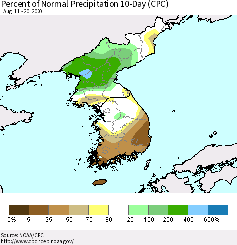 Korea Percent of Normal Precipitation 10-Day (CPC) Thematic Map For 8/11/2020 - 8/20/2020