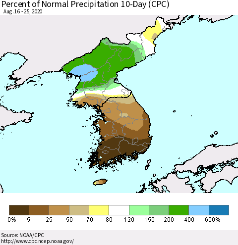 Korea Percent of Normal Precipitation 10-Day (CPC) Thematic Map For 8/16/2020 - 8/25/2020
