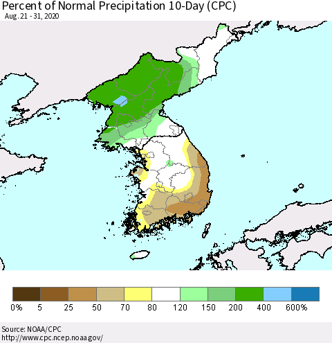 Korea Percent of Normal Precipitation 10-Day (CPC) Thematic Map For 8/21/2020 - 8/31/2020