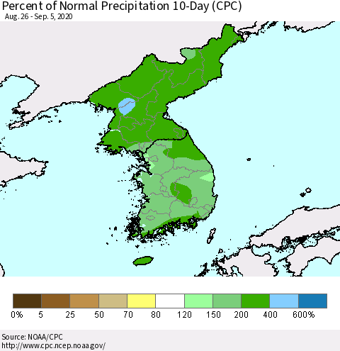 Korea Percent of Normal Precipitation 10-Day (CPC) Thematic Map For 8/26/2020 - 9/5/2020