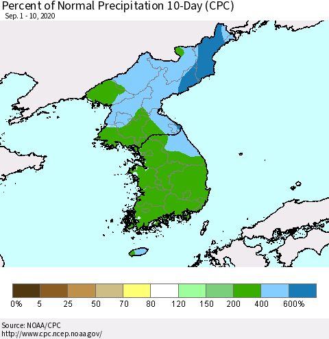 Korea Percent of Normal Precipitation 10-Day (CPC) Thematic Map For 9/1/2020 - 9/10/2020