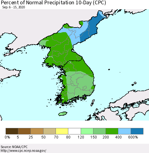 Korea Percent of Normal Precipitation 10-Day (CPC) Thematic Map For 9/6/2020 - 9/15/2020