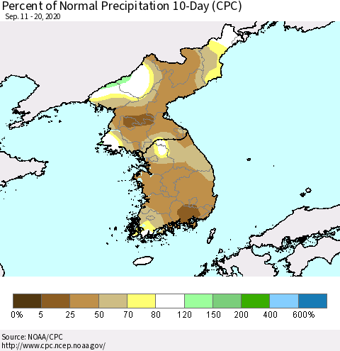 Korea Percent of Normal Precipitation 10-Day (CPC) Thematic Map For 9/11/2020 - 9/20/2020