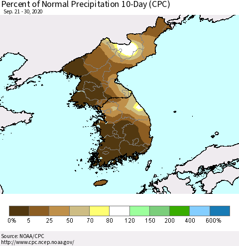 Korea Percent of Normal Precipitation 10-Day (CPC) Thematic Map For 9/21/2020 - 9/30/2020