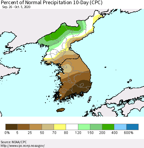 Korea Percent of Normal Precipitation 10-Day (CPC) Thematic Map For 9/26/2020 - 10/5/2020