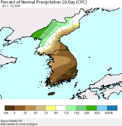 Korea Percent of Normal Precipitation 10-Day (CPC) Thematic Map For 10/1/2020 - 10/10/2020
