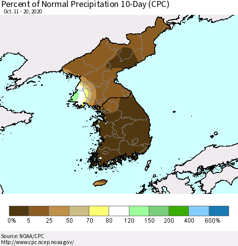 Korea Percent of Normal Precipitation 10-Day (CPC) Thematic Map For 10/11/2020 - 10/20/2020