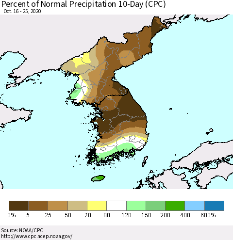 Korea Percent of Normal Precipitation 10-Day (CPC) Thematic Map For 10/16/2020 - 10/25/2020