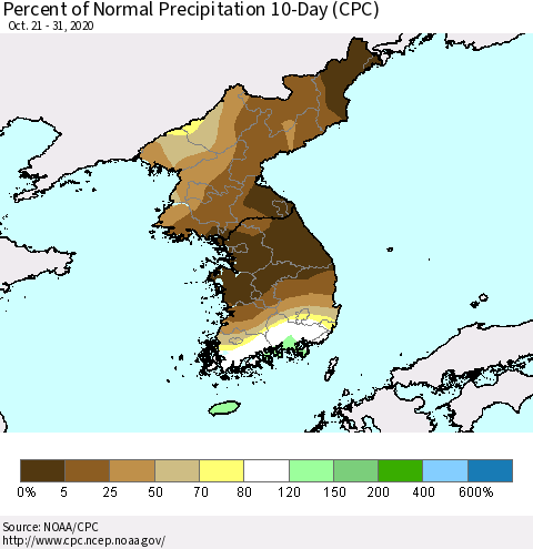 Korea Percent of Normal Precipitation 10-Day (CPC) Thematic Map For 10/21/2020 - 10/31/2020