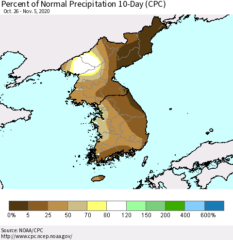 Korea Percent of Normal Precipitation 10-Day (CPC) Thematic Map For 10/26/2020 - 11/5/2020
