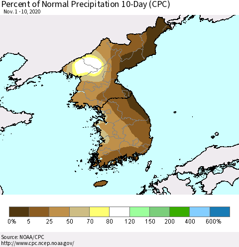 Korea Percent of Normal Precipitation 10-Day (CPC) Thematic Map For 11/1/2020 - 11/10/2020