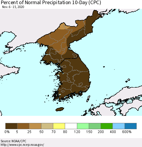 Korea Percent of Normal Precipitation 10-Day (CPC) Thematic Map For 11/6/2020 - 11/15/2020