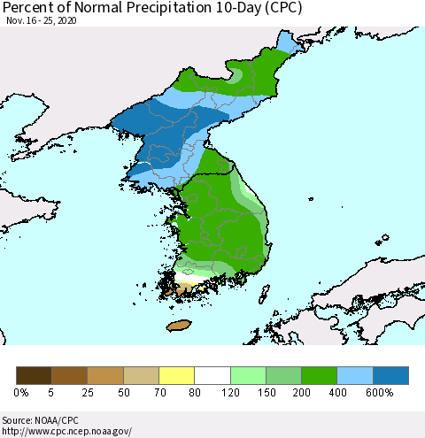 Korea Percent of Normal Precipitation 10-Day (CPC) Thematic Map For 11/16/2020 - 11/25/2020