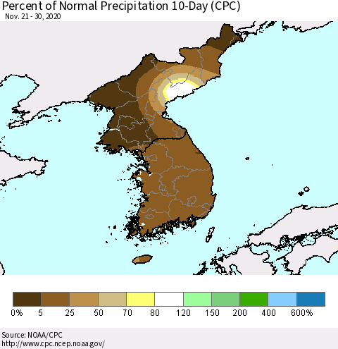 Korea Percent of Normal Precipitation 10-Day (CPC) Thematic Map For 11/21/2020 - 11/30/2020