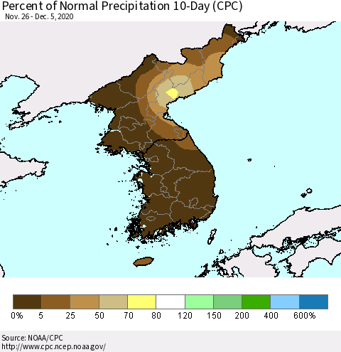 Korea Percent of Normal Precipitation 10-Day (CPC) Thematic Map For 11/26/2020 - 12/5/2020