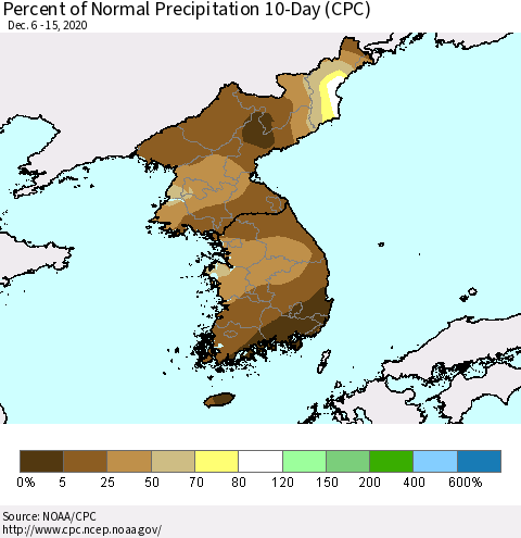 Korea Percent of Normal Precipitation 10-Day (CPC) Thematic Map For 12/6/2020 - 12/15/2020