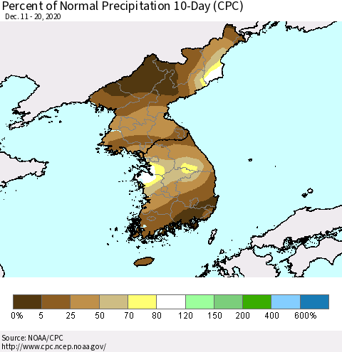 Korea Percent of Normal Precipitation 10-Day (CPC) Thematic Map For 12/11/2020 - 12/20/2020