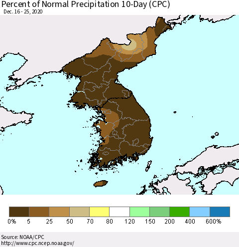 Korea Percent of Normal Precipitation 10-Day (CPC) Thematic Map For 12/16/2020 - 12/25/2020