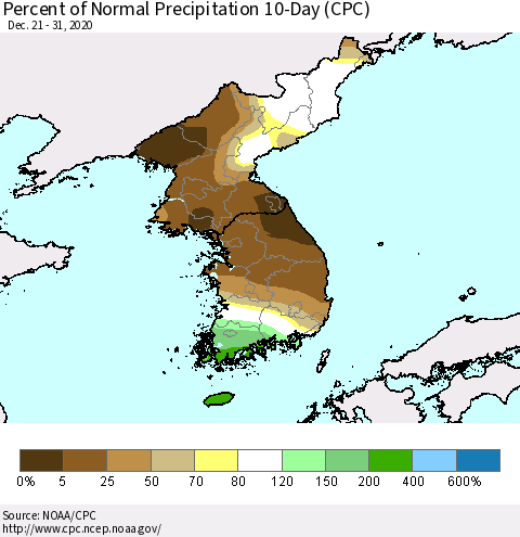 Korea Percent of Normal Precipitation 10-Day (CPC) Thematic Map For 12/21/2020 - 12/31/2020