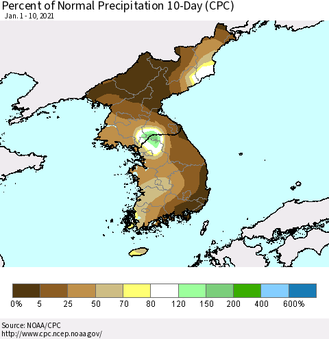 Korea Percent of Normal Precipitation 10-Day (CPC) Thematic Map For 1/1/2021 - 1/10/2021