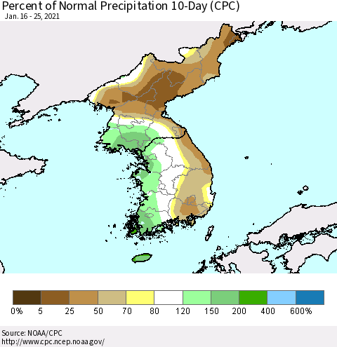 Korea Percent of Normal Precipitation 10-Day (CPC) Thematic Map For 1/16/2021 - 1/25/2021
